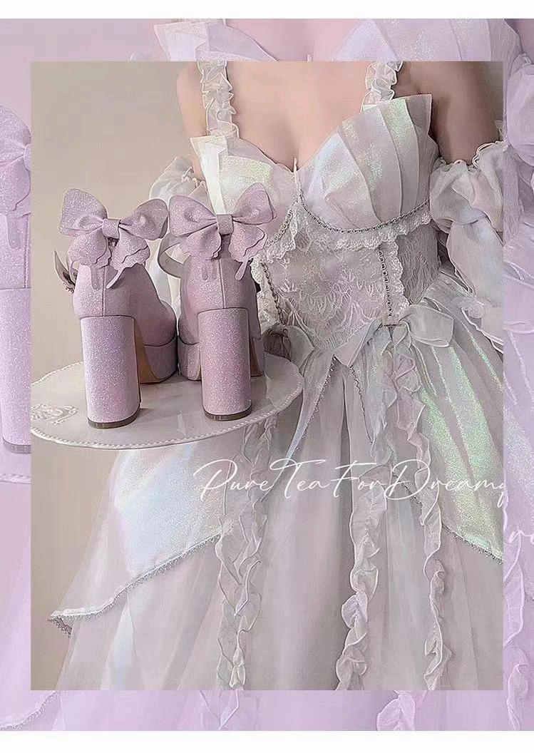 Vibram Sole Dress Shoes Pure Tea For Dream~Untouchable Butterfly~Elegant Lolita Heels Lolita Shoes PU Shining Platform