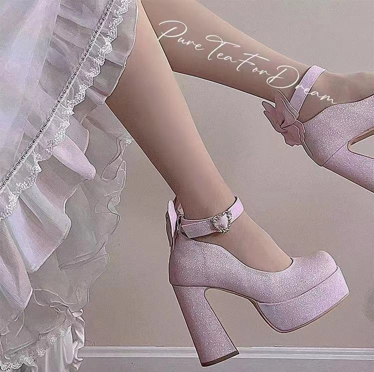 Grey Dress With Shoes Pure Tea For Dream~Untouchable Butterfly~Elegant Lolita Heels Lolita Shoes PU Shining Platform