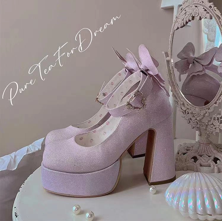 Pure Tea For Dream~Untouchable Butterfly~Elegant Lolita Heels Lolita Shoes PU Shining Platform Dress Shoe Sole