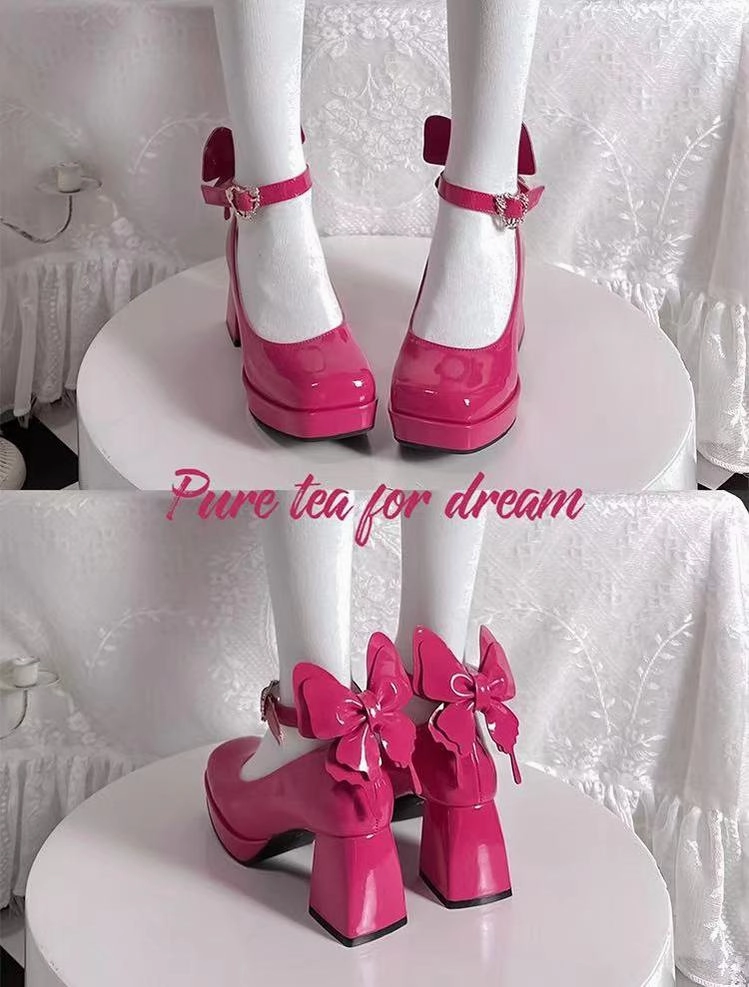 Pure Tea For Dream~Untouchable Butterfly~Elegant Lolita Heels Lolita Shoes PU Shining Platform Low Heel Ladies Dress Shoes Sale