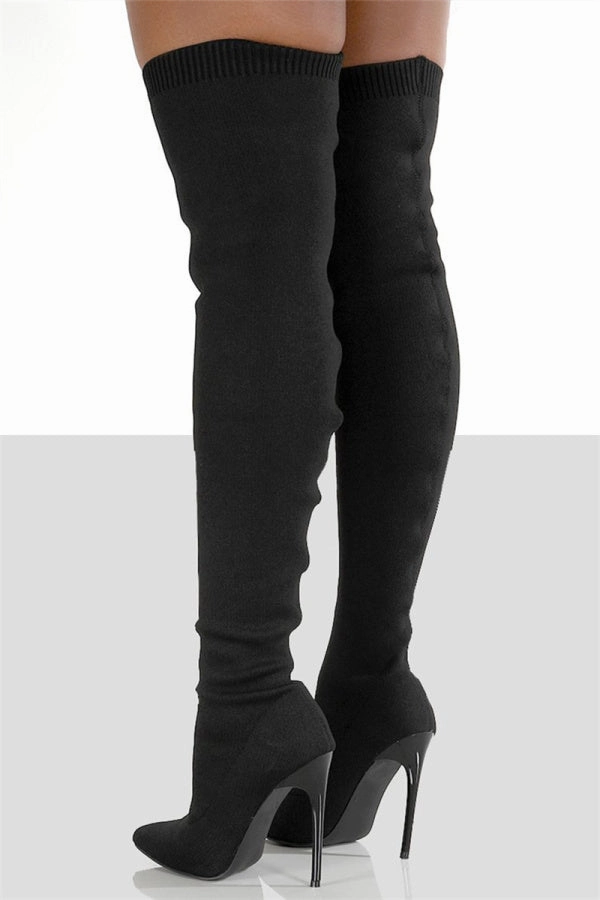 Purpdrank - Black Fashion Solid Color Pointed Knitted High Stiletto Martin Boots Adidas Shoes In Box