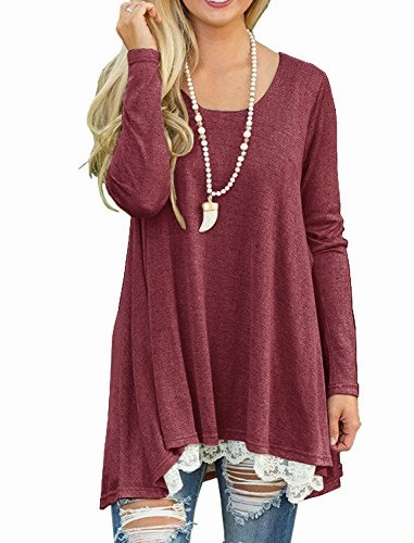 Best Work Boots Without Steel Toe QIXING Women's Lace Long Sleeve Tunic Top Blouse Wine Red-L