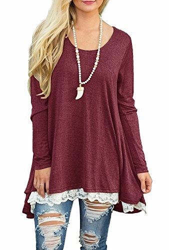 Best Summer Work Boots QIXING Women's Lace Long Sleeve Tunic Top Blouse Wine Red-L