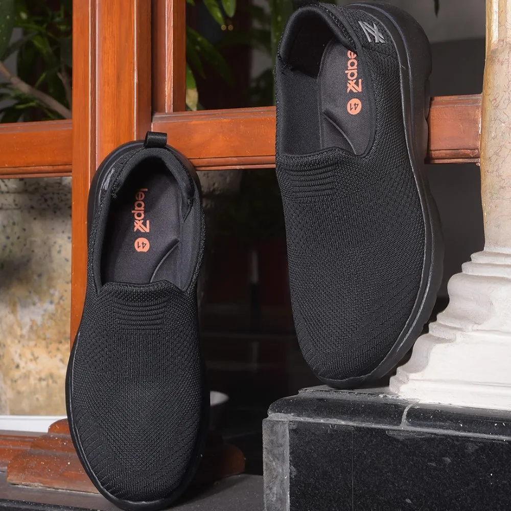 Leap7x Black Sports Non Lacing Walking Shoes For Men RW-08 By Liberty Slip On Cross Training Shoes