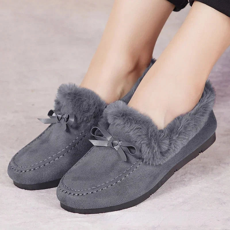 Wide With Loafers Women Winter Casual Shoes New Moccasins Soft Flat Non-slip Loafers Fashion Comfort Warm Plush Bow Slip on Female Cotton Shoes