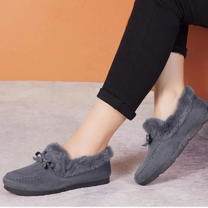 Loafers Monolith Women Winter Casual Shoes New Moccasins Soft Flat Non-slip Loafers Fashion Comfort Warm Plush Bow Slip on Female Cotton Shoes