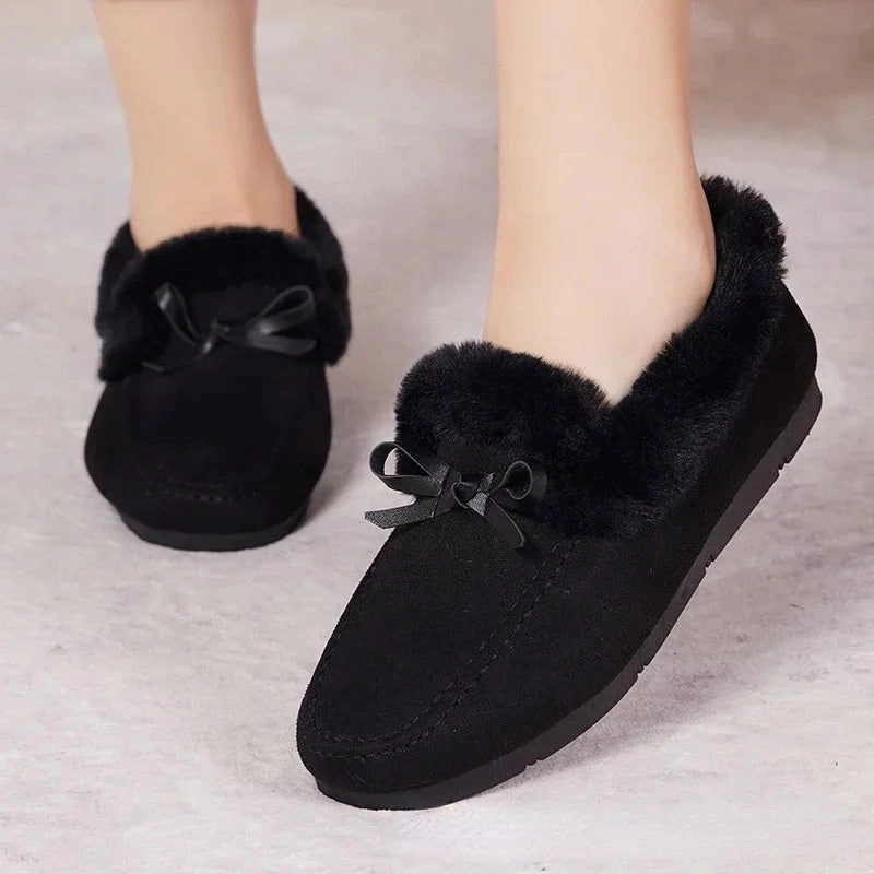 Gator Skin Loafers Women Winter Casual Shoes New Moccasins Soft Flat Non-slip Loafers Fashion Comfort Warm Plush Bow Slip on Female Cotton Shoes