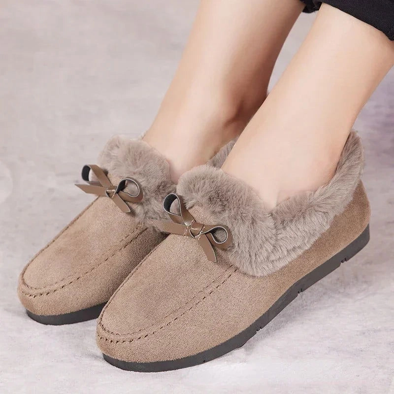 Loafers Seafood Grill Women Winter Casual Shoes New Moccasins Soft Flat Non-slip Loafers Fashion Comfort Warm Plush Bow Slip on Female Cotton Shoes