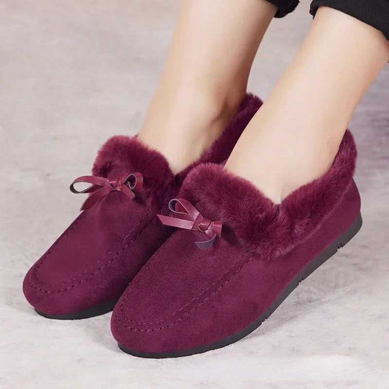 Born Shoes Loafers Women Winter Casual Shoes New Moccasins Soft Flat Non-slip Loafers Fashion Comfort Warm Plush Bow Slip on Female Cotton Shoes