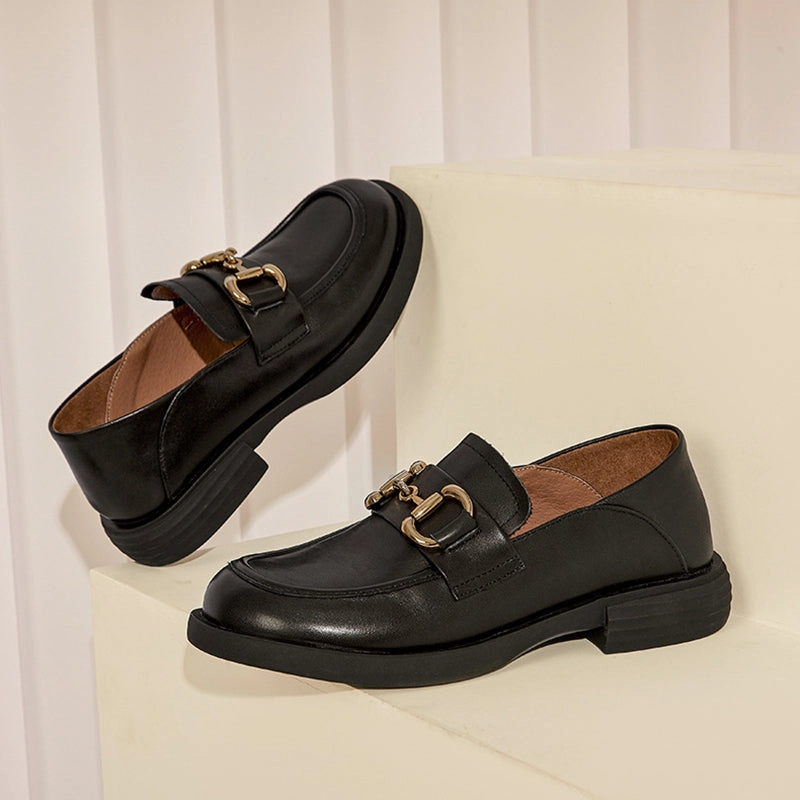 Retro Flat Loafers Women Plaid Genuine Leather Platform Shoes Round Toe Metal Chain Slip on Handmade Charles Tyrwhitt Loafers