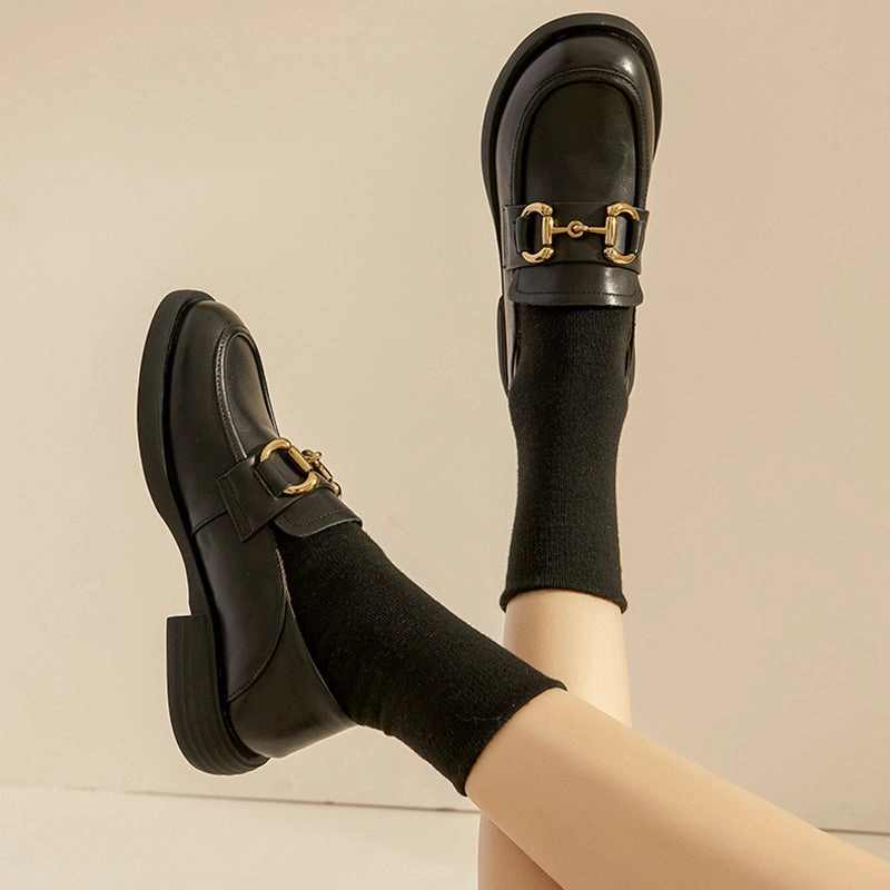 Dress Socks With Loafers Retro Flat Loafers Women Plaid Genuine Leather Platform Shoes Round Toe Metal Chain Slip on Handmade