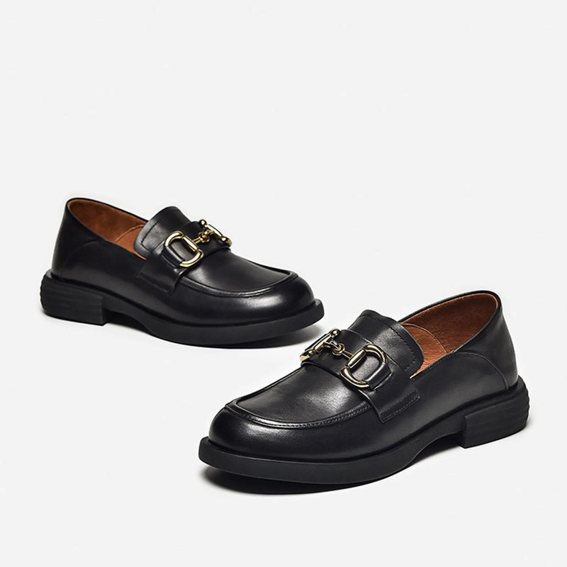 Cow Print Loafers Retro Flat Loafers Women Plaid Genuine Leather Platform Shoes Round Toe Metal Chain Slip on Handmade