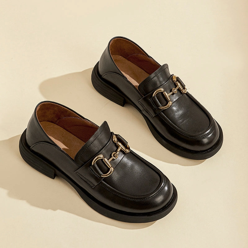 Retro Flat Loafers Women Plaid Genuine Leather Platform Shoes Round Toe Metal Chain Slip on Handmade Penny Loafers Casual