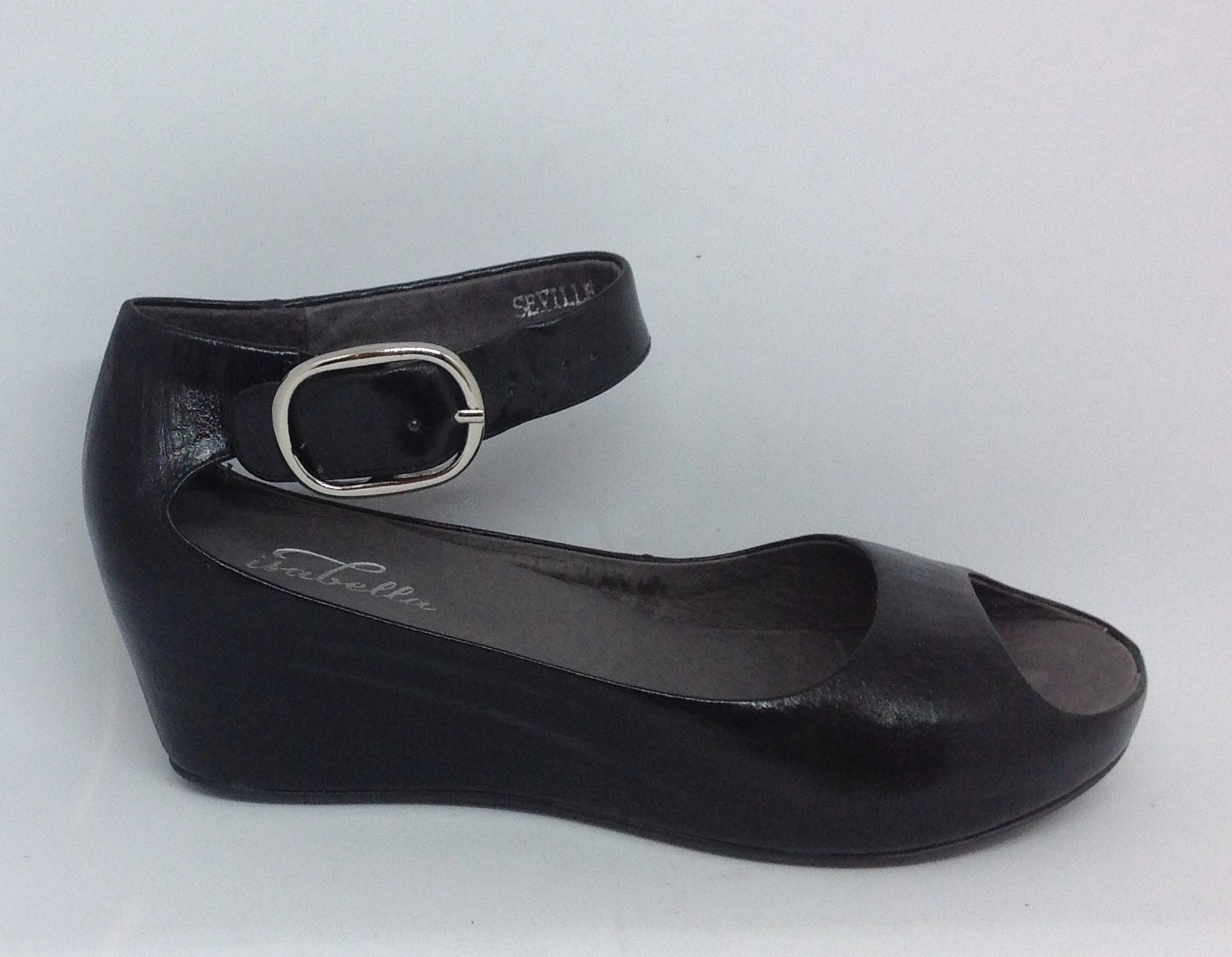 Ankle Strap Isabella Seville Black ~ Leather Wedge Heel