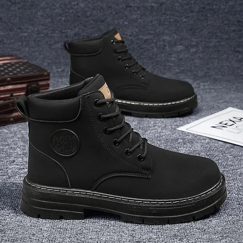 Retro Casual High Top Boots for Men Winter Chunky Rhubarb Boots Men's Motorcycle Ankle Boots Lace-Up Work Footwear Botas Hombre Broken In Work Boots