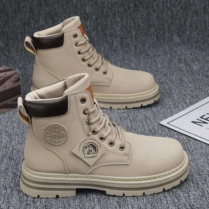 Shop Work Boots Retro Casual High Top Boots for Men Winter Chunky Rhubarb Boots Men's Motorcycle Ankle Boots Lace-Up Work Footwear Botas Hombre