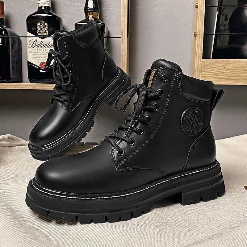 Best Work Boots With Arch Support Retro Casual High Top Boots for Men Winter Chunky Rhubarb Boots Men's Motorcycle Ankle Boots Lace-Up Work Footwear Botas Hombre