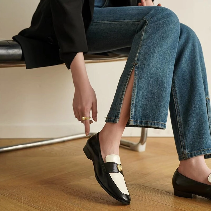 Retro Soft Leather Penny Loafers for Women Square Toe With Camellia Detail in Red/Black Of The Following Statements Which Accurately Describe Social Loafers