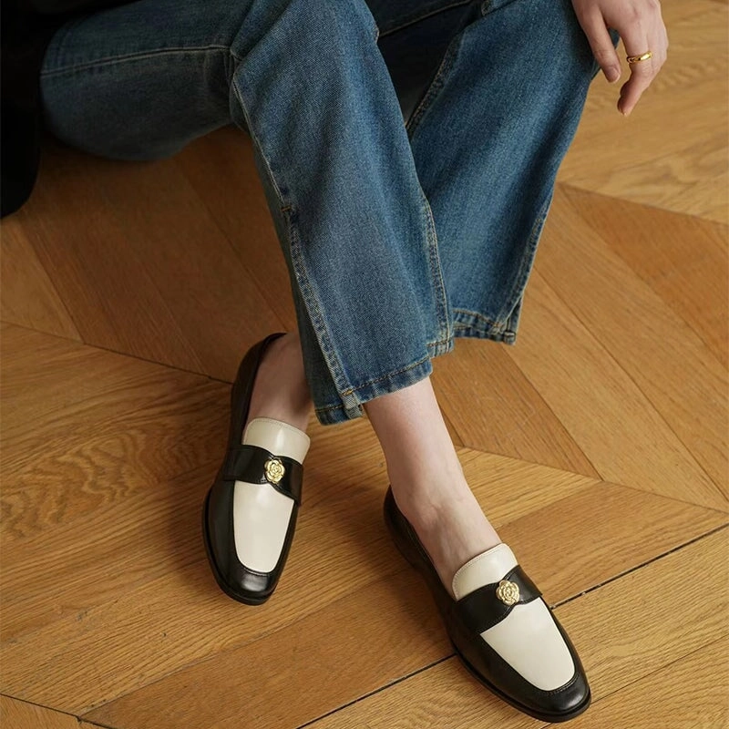 Retro Soft Leather Penny Loafers for Women Square Toe With Camellia Detail in Red/Black Dior Loafers Price