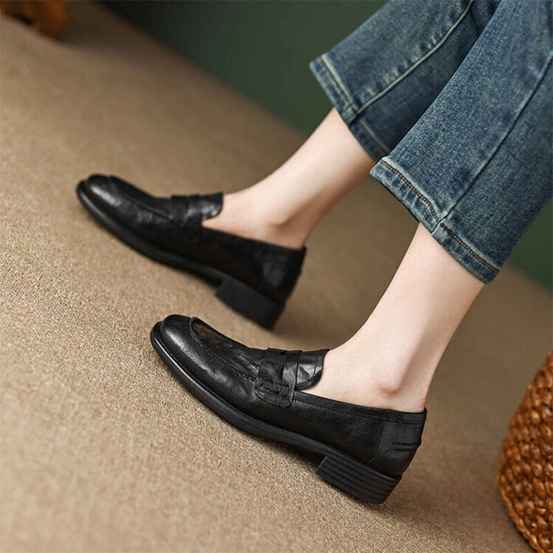 Slip On Loafers Shoes Retro Style Soft Leather Penny Loafers for Women in Coffee/Black
