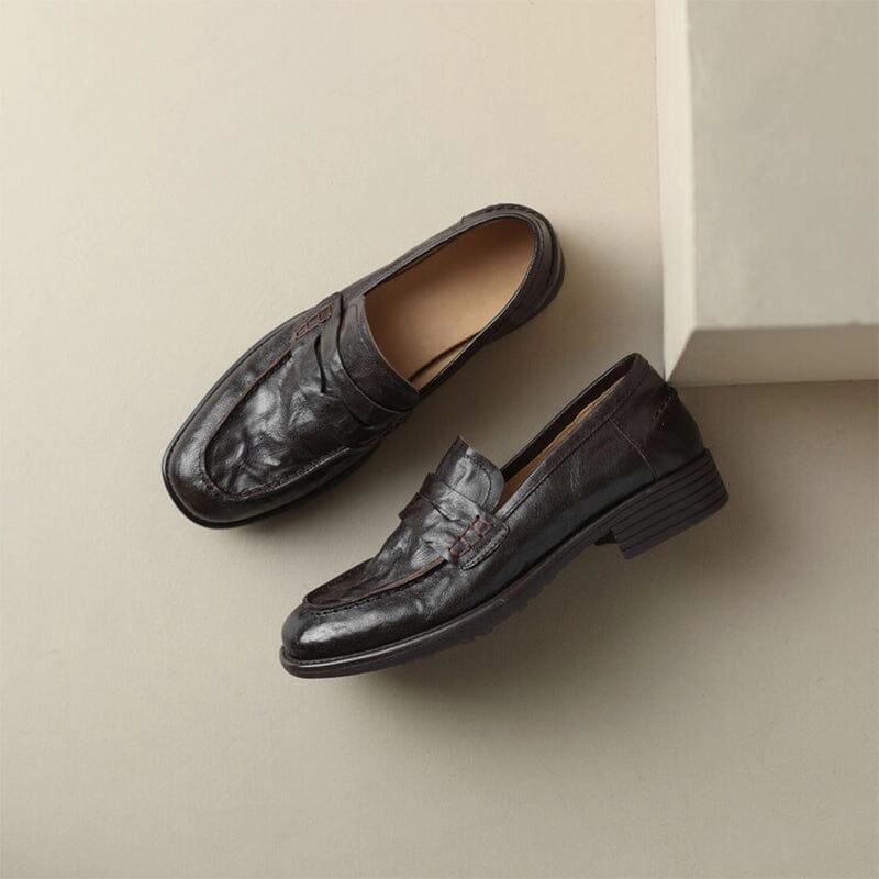 Retro Style Soft Leather Penny Loafers for Women in Coffee/Black Shoeplay Loafers