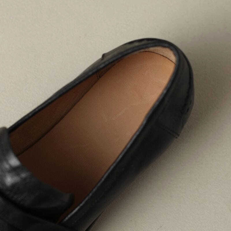 Retro Style Soft Leather Penny Loafers for Women in Coffee/Black White Chunky Loafers