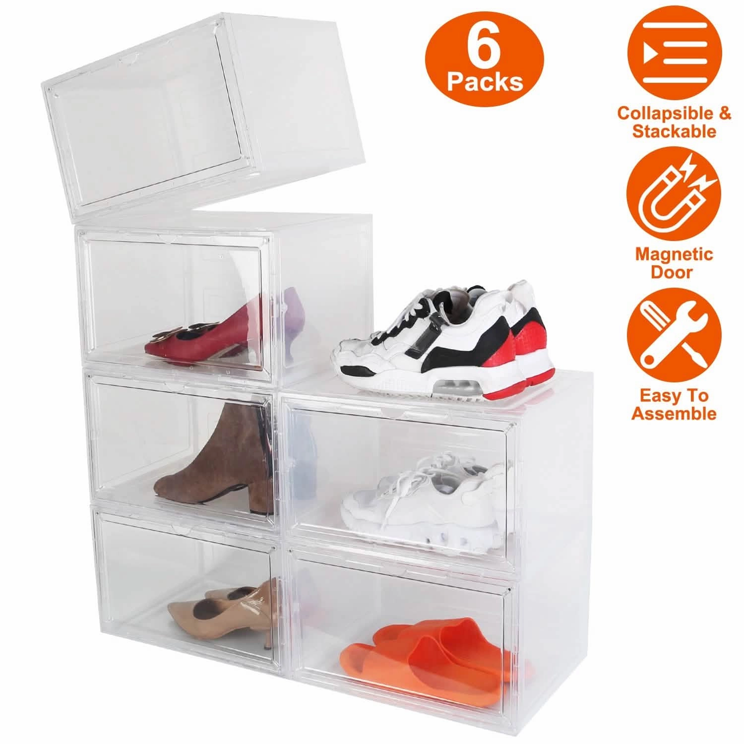 Asics Tactic Shoes 6-Pack: Collapsible Shoe Box Stackable Shoe Storage Bin with Magnetic Door