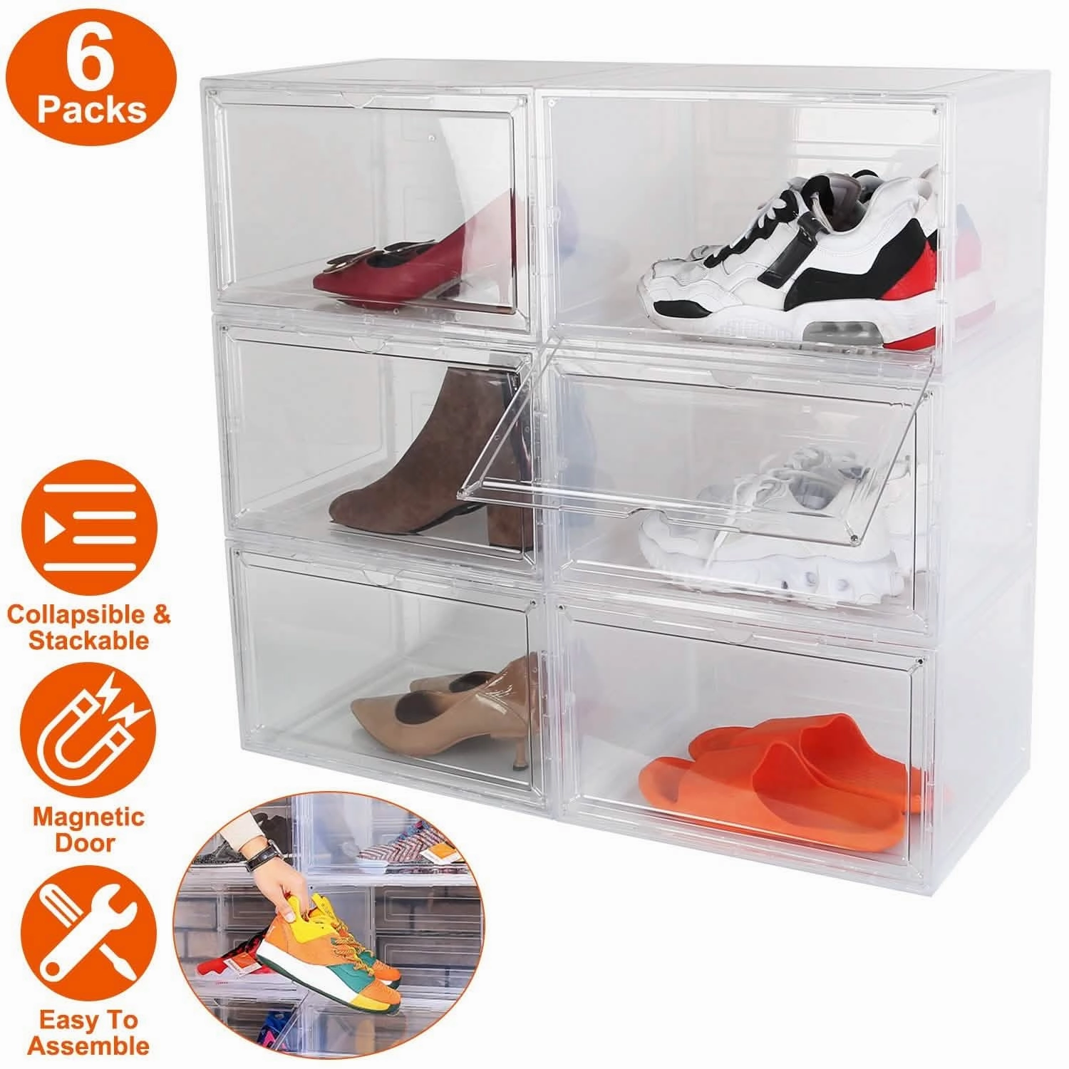 Asics Gt 2000 Running Shoe 6-Pack: Collapsible Shoe Box Stackable Shoe Storage Bin with Magnetic Door