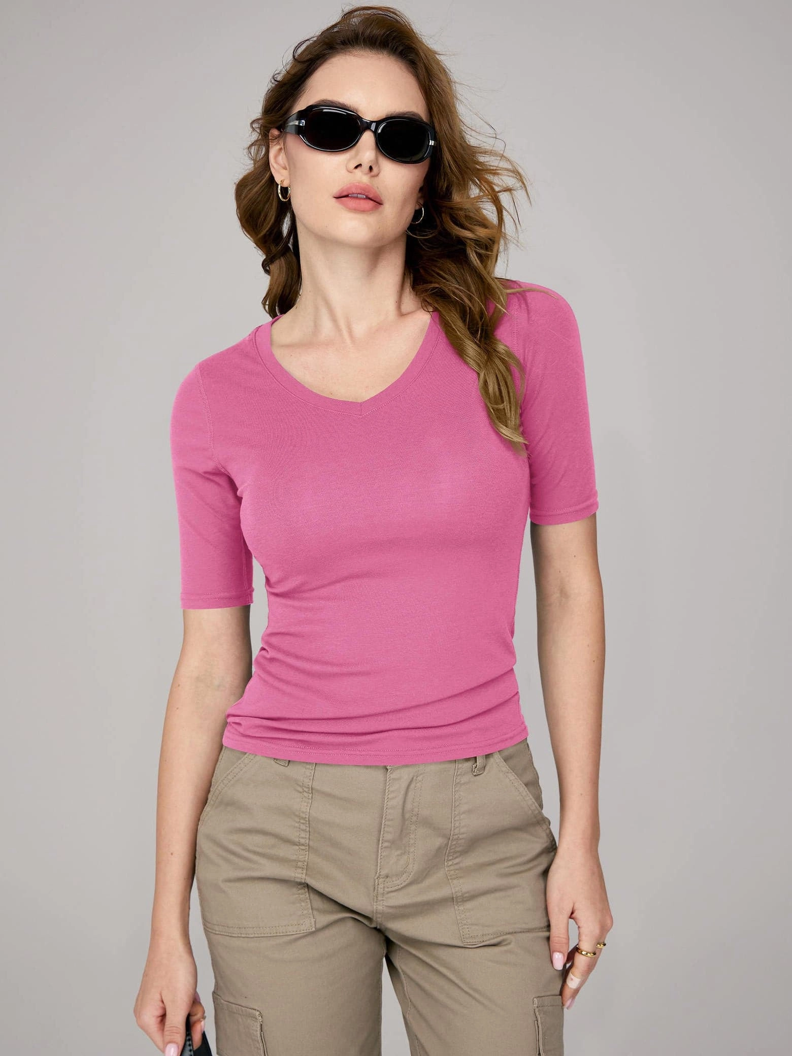 Work Boots Coupons Amoretu Women's V Neck Ribbed Fitted Tunic Tops