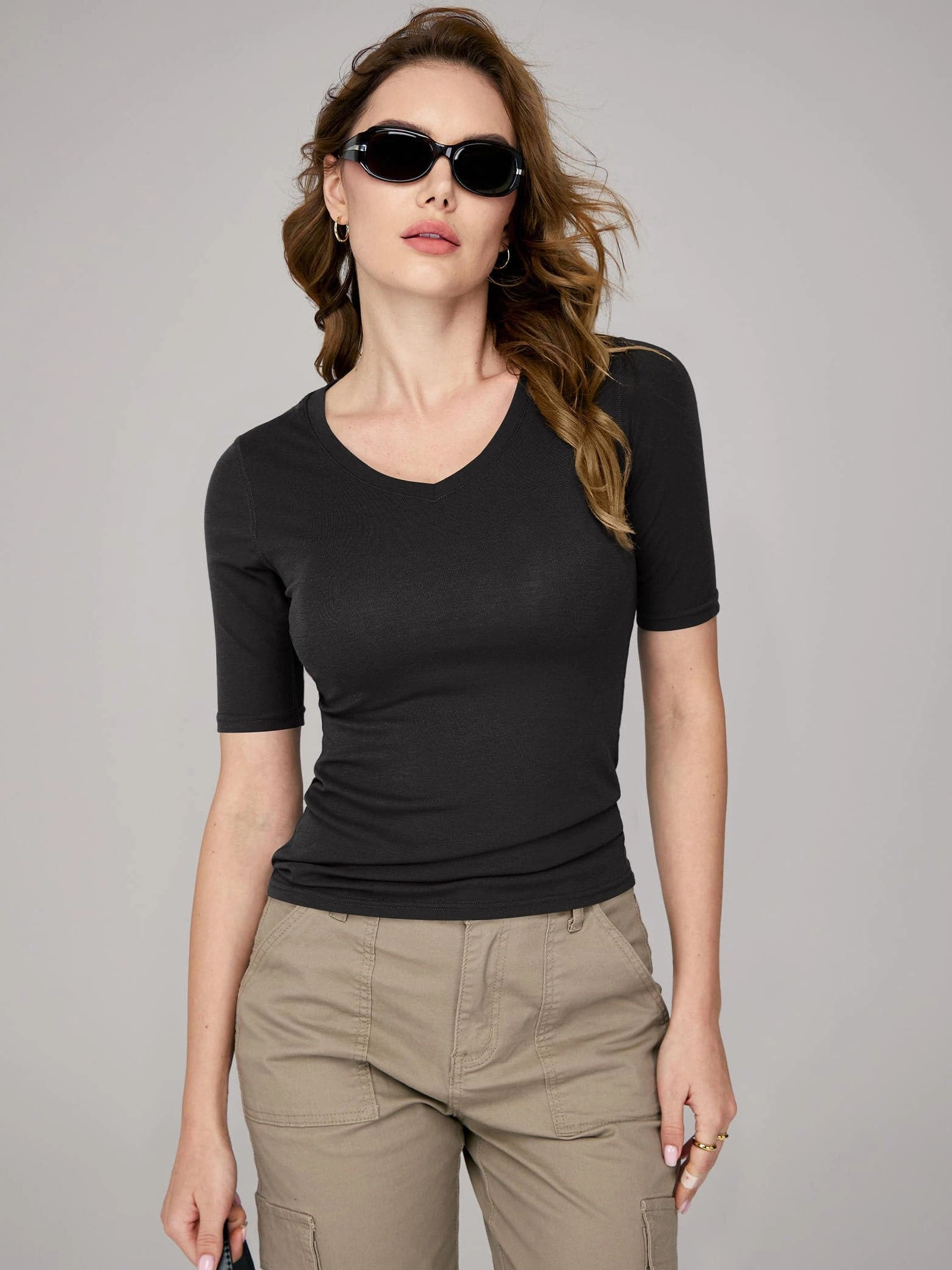 Amoretu Women's V Neck Ribbed Fitted Tunic Tops Bull Run Work Boots