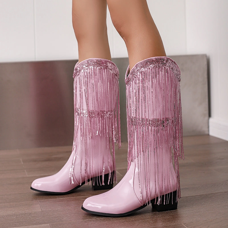 Womens Fringe & Sequins Decor Point Toe Chunky Heeled Western Boots Adidas Clay Court Tennis Shoes