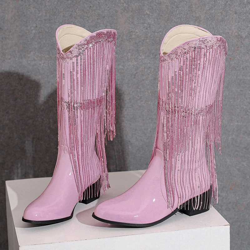 Adidas Tennis Shoes Barricade 13 Womens Fringe & Sequins Decor Point Toe Chunky Heeled Western Boots