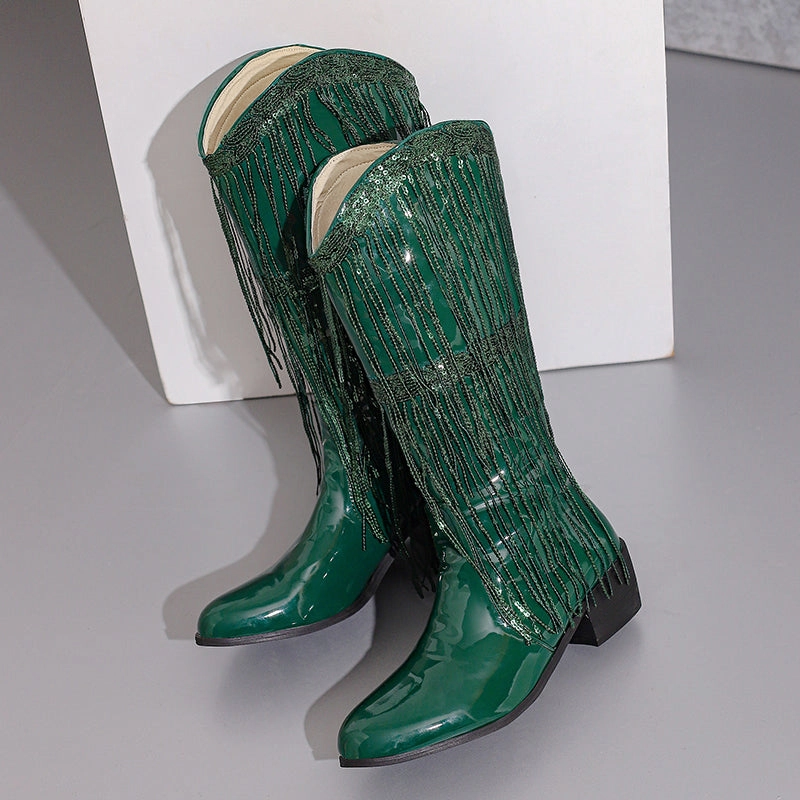 Adidas Waterproof Golf Shoes Womens Fringe & Sequins Decor Point Toe Chunky Heeled Western Boots