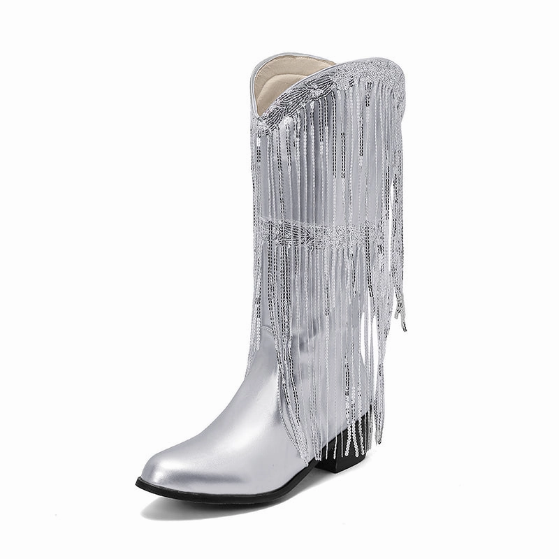 Womens Fringe & Sequins Decor Point Toe Chunky Heeled Western Boots Adidas Flex Shoes