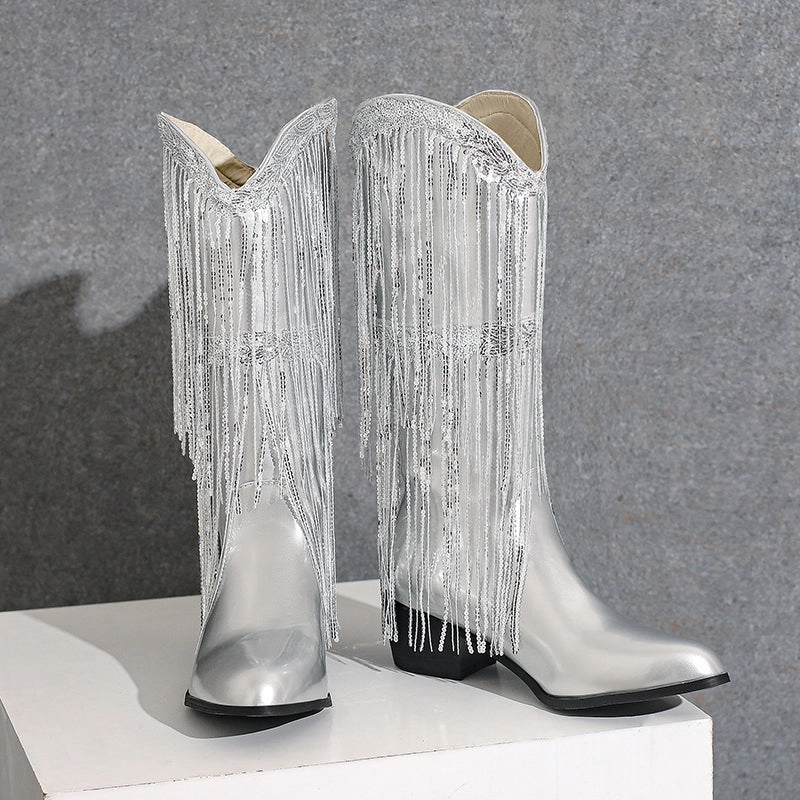 Womens Fringe & Sequins Decor Point Toe Chunky Heeled Western Boots Famous Adidas Shoes