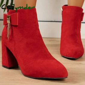 CyflymderAnkle snow outfits Boots for Women Winter New Suede Red Women's Boots Comfortable Chunky Platform High Heels Ladies Elegant Dress Shoes Moncler Insolux Snow Boots