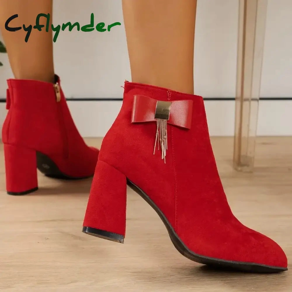 CyflymderAnkle snow outfits Boots for Women Winter New Suede Red Women's Boots Comfortable Chunky Platform High Heels Ladies Elegant Dress Shoes Skechers Slip On Snow Boots