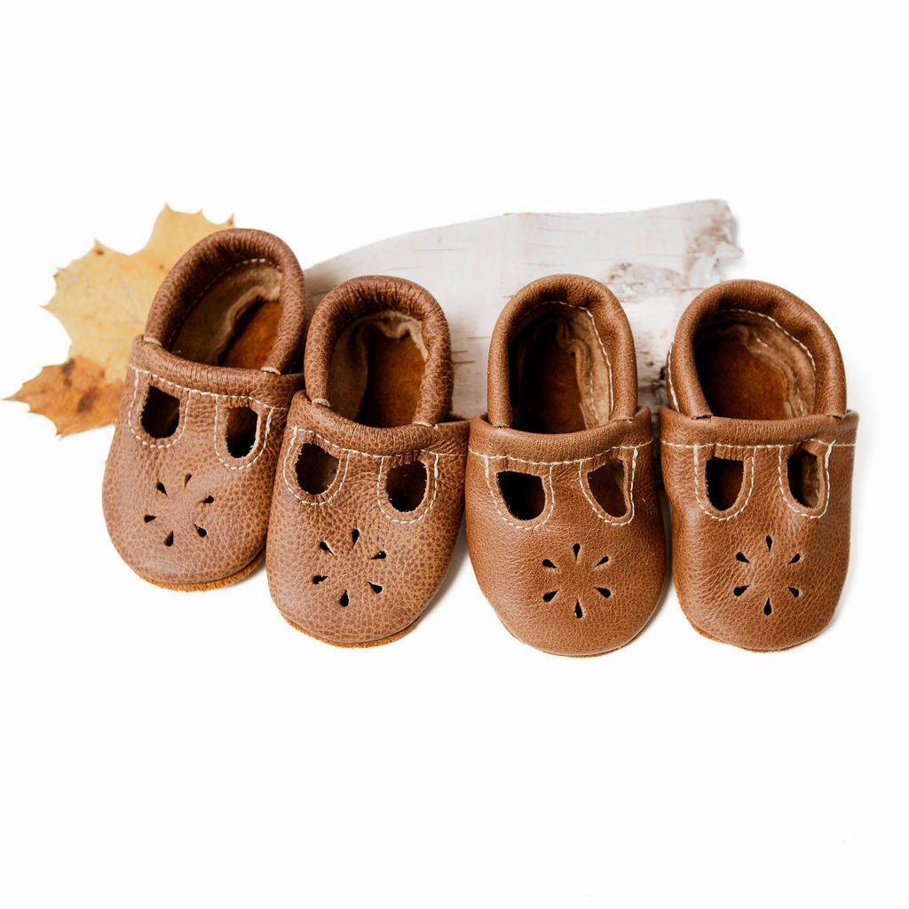 High Heel Slides Mules Sepia, Caramel T-Strap Shoes Baby and Toddler