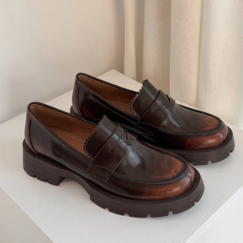 Uptown Loafers Womens leather Penny Loafers Retro Brush off 45mm Platform in Black/Brown