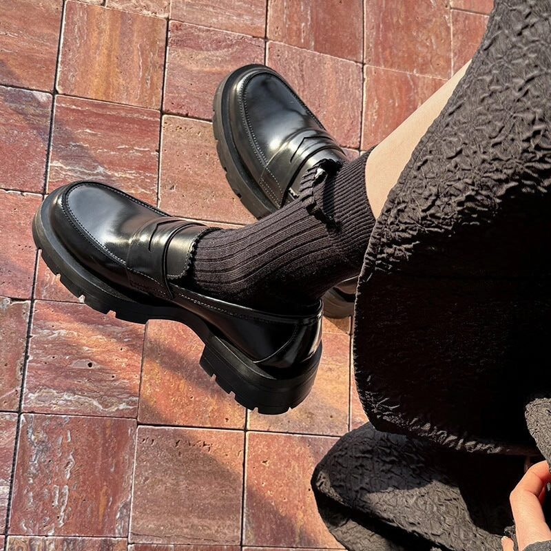 Womens leather Penny Loafers Retro Brush off 45mm Platform in Black/Brown Best Loafers For Bunions