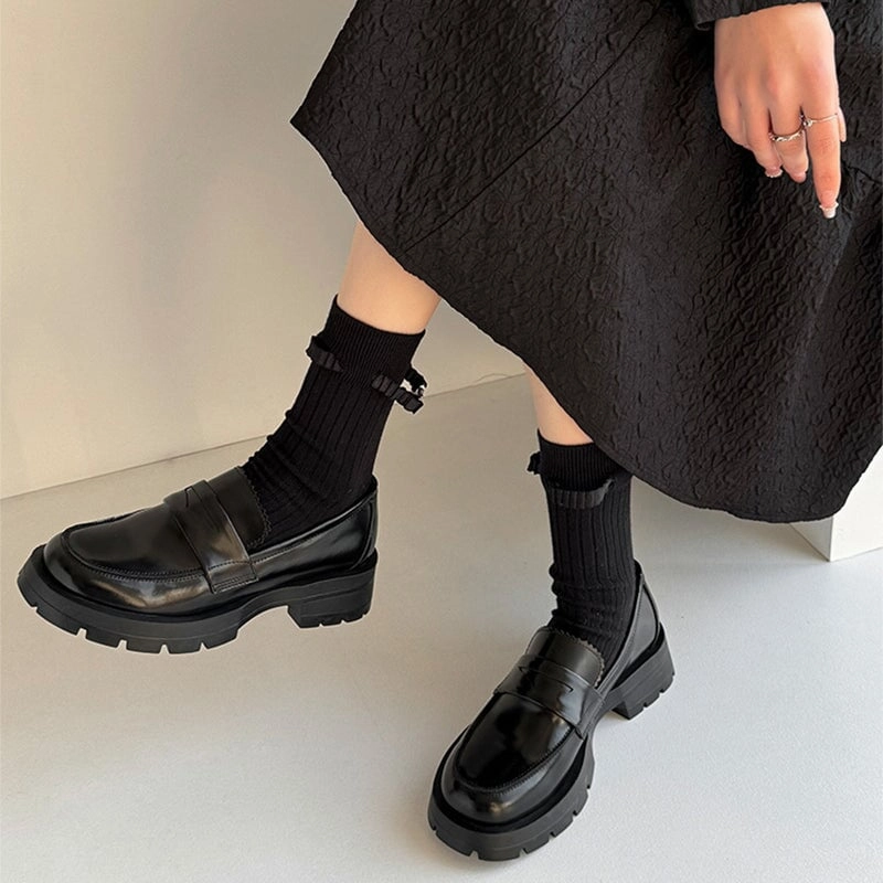 Loafers With Wedge Womens leather Penny Loafers Retro Brush off 45mm Platform in Black/Brown