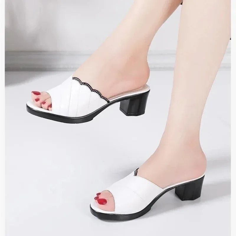 Oooh Geez Slippers Shoes for Women Slippers 2023 Summer Woman Pumps Casual High Heels Solid Color Ladies Slipper Round Toe Slides Outside Pantuflas