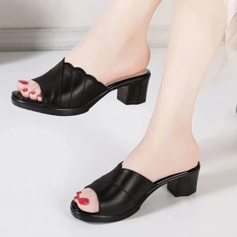 Cream Ugg Slippers Shoes for Women Slippers 2023 Summer Woman Pumps Casual High Heels Solid Color Ladies Slipper Round Toe Slides Outside Pantuflas