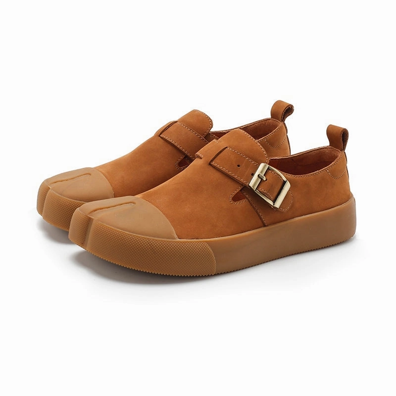 Mori Girl Shoes Leather Women T Strap Low Cutter Loafers in Yellow/Brown/Khaki/Cameo Brown Hey Dude Nut Loafers