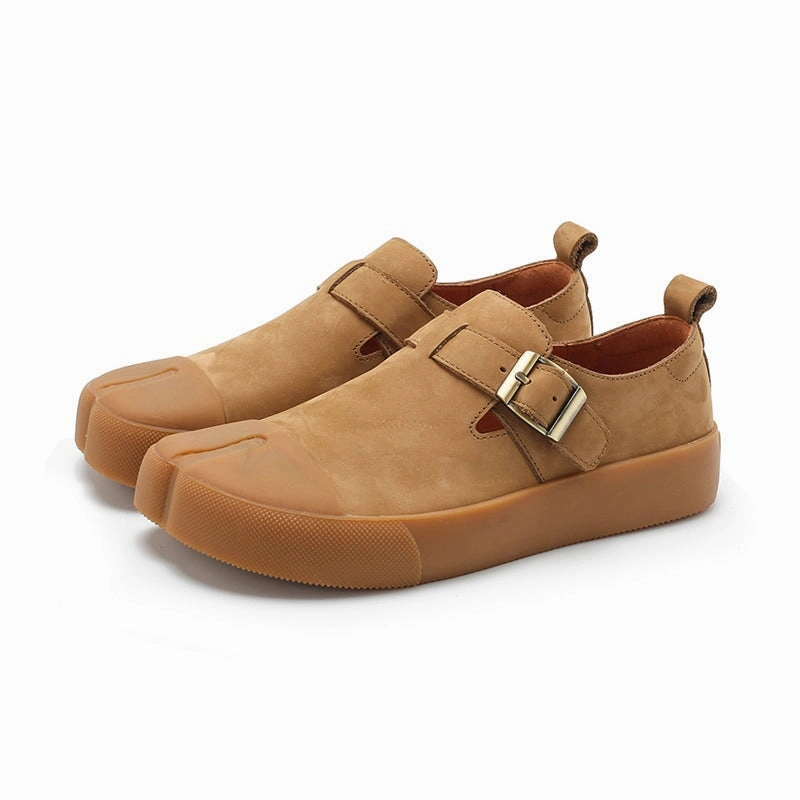 Formals With Loafers Mori Girl Shoes Leather Women T Strap Low Cutter Loafers in Yellow/Brown/Khaki/Cameo Brown