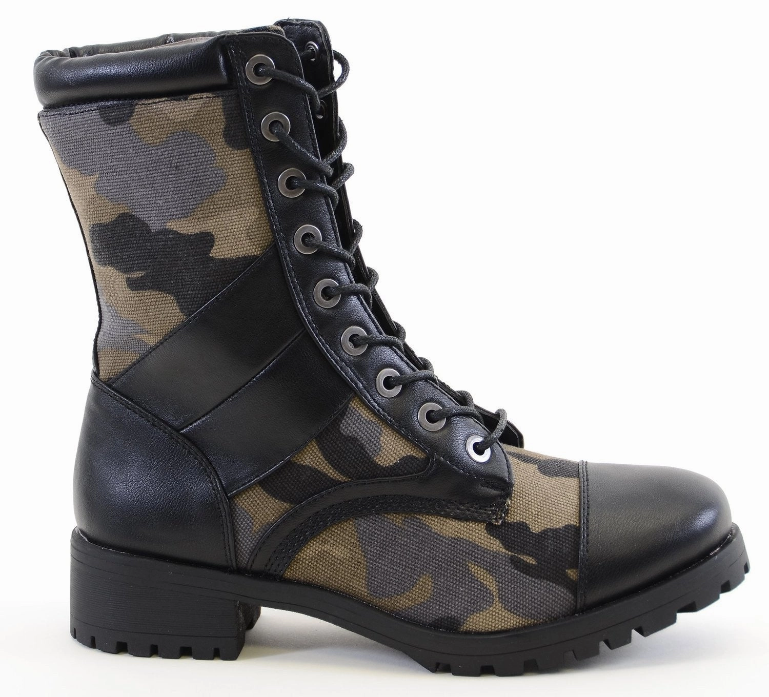 Rain And Mud Boots Cap Toe Black Camoflauge 8i Lace Up Lug Sole Combat Vegan Boots Women's