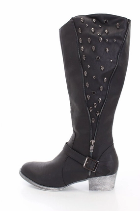 Skulls Studs Vegan Leather Vegan Biker Women Riding Boots Batman Rain Boots