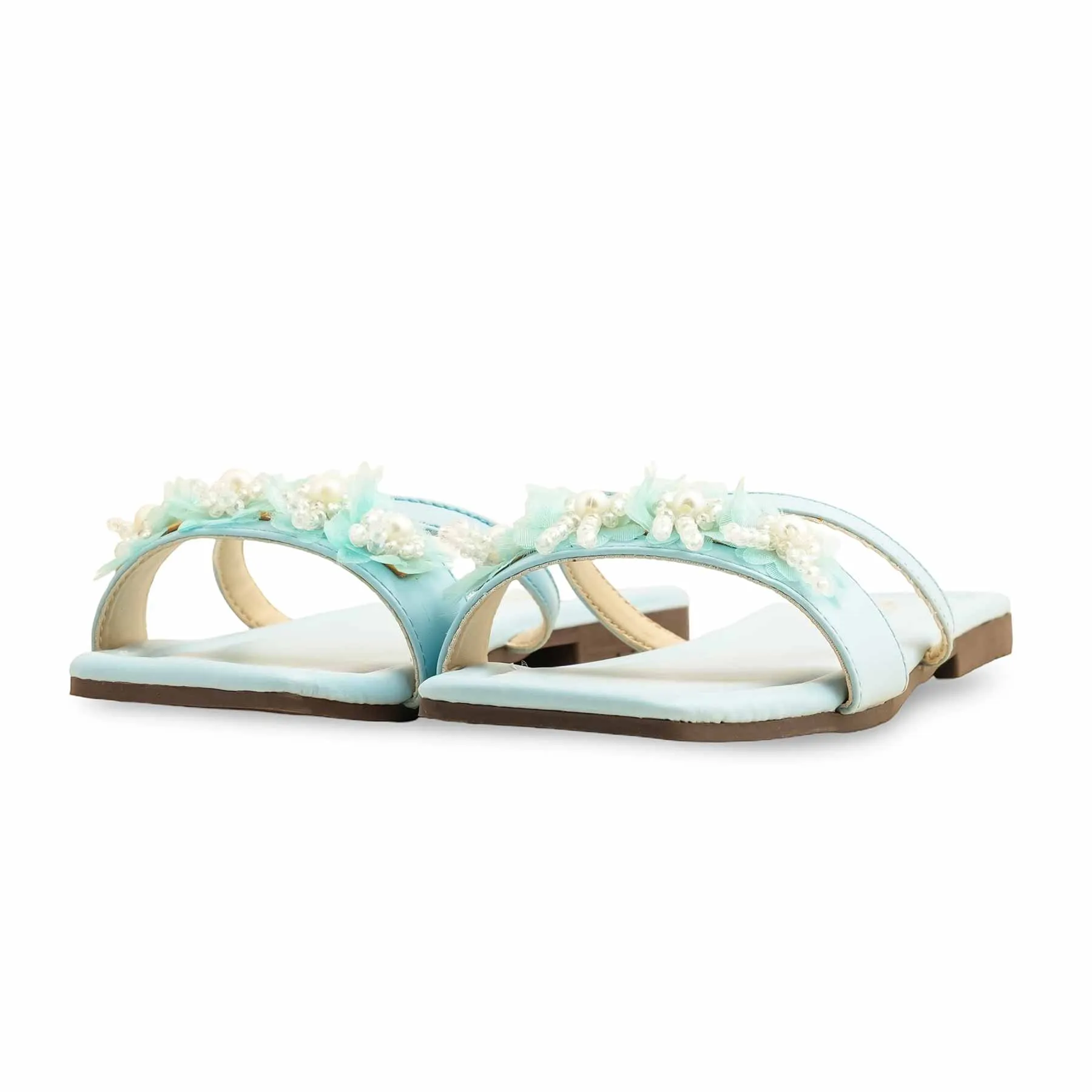 Leather Slides Blue Casual Slipper For Ladies CL2060