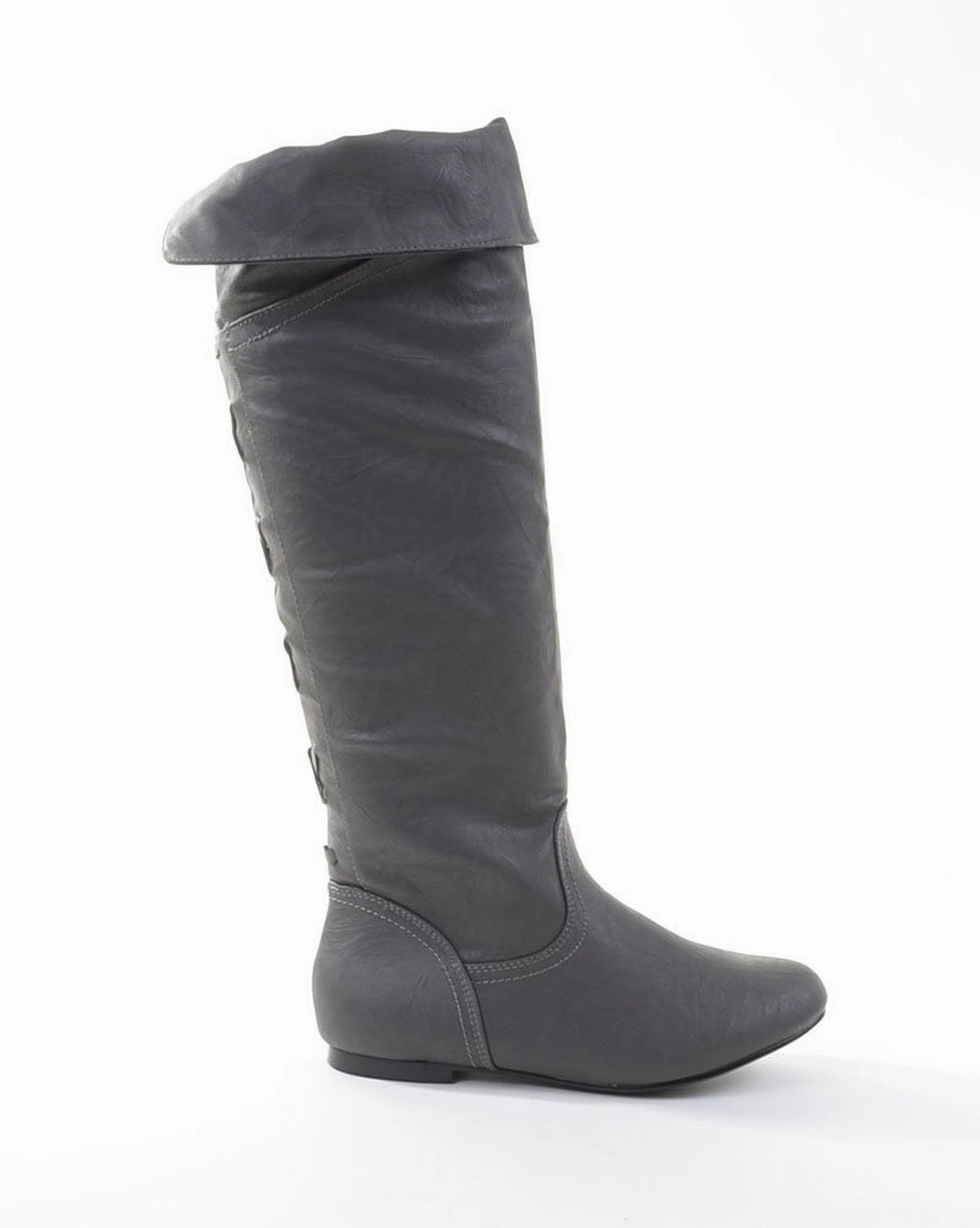 Black Pirate Over the Knee Riding Vegan Leather Boots Womens Coach Rain Boots Lace Up Back