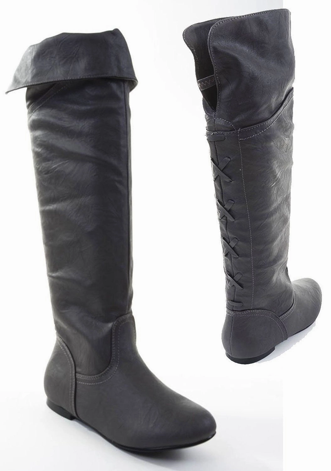 Black Pirate Over the Knee Riding Vegan Leather Boots Womens Little Rain Boots
